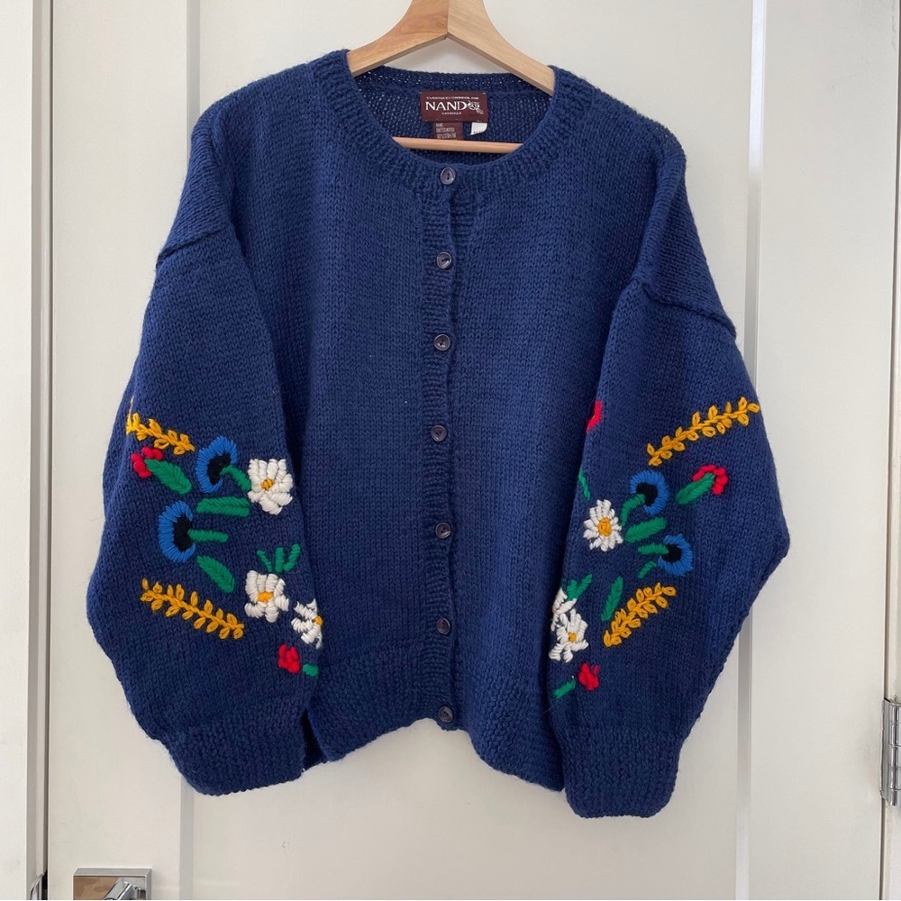 Nando Embroidered Floral Cardigan Sweater 100% Alpaca Hand Knitted Size M